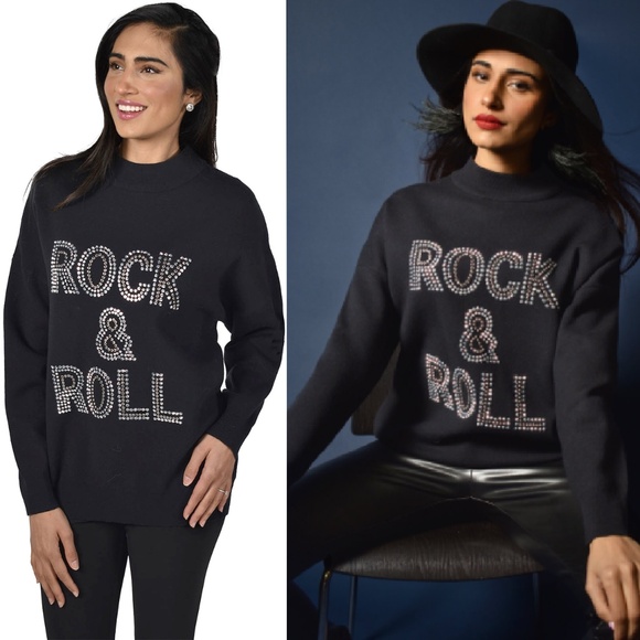 Frank Lyman Black/Silver Studded Knit Rock and Roll Sweater - Picture 1 of 9